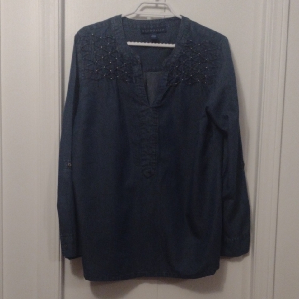 Bandolino Blue Embellished Blouse with Mandarin Collar